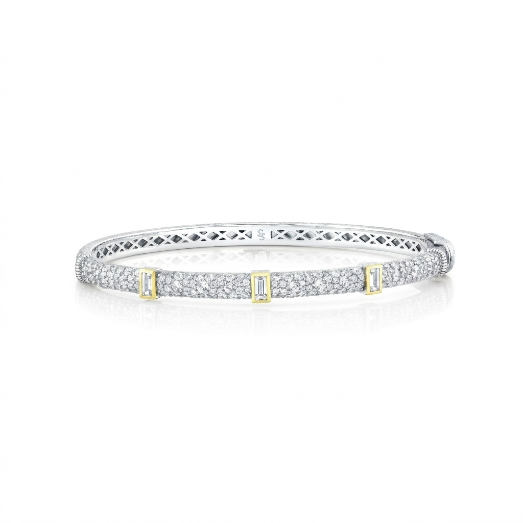Sterling Silver Bracelet With Pave White Topaz And Bezel Set White Topaz Baguettes - 6.5"