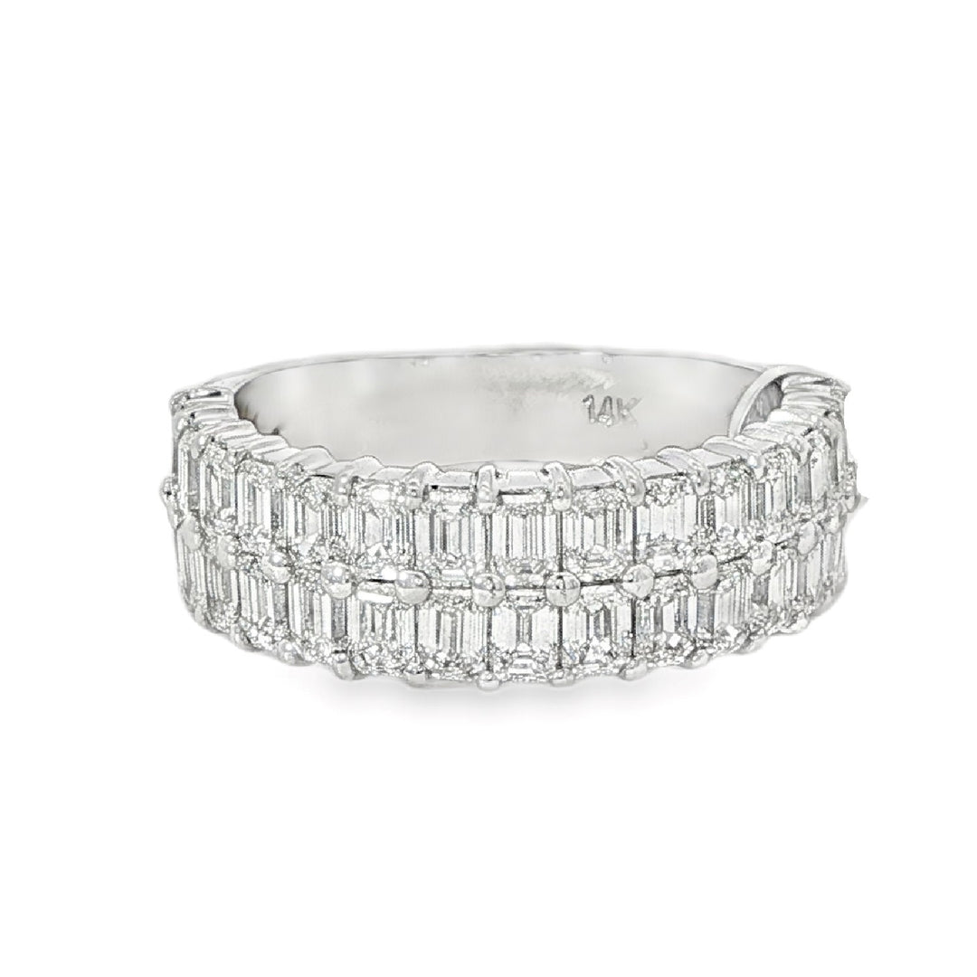 White Gold Band With 2 Rows of 15 Emerald Cut Diamonds Going Halfway Around - Size 6.5