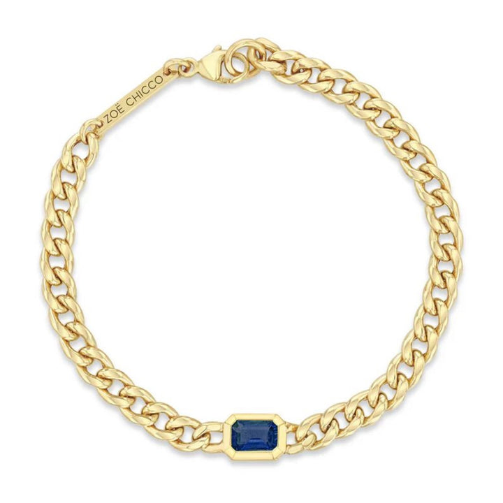 14K Curb Chain Blue Sapphire Bracelet. 6.5"