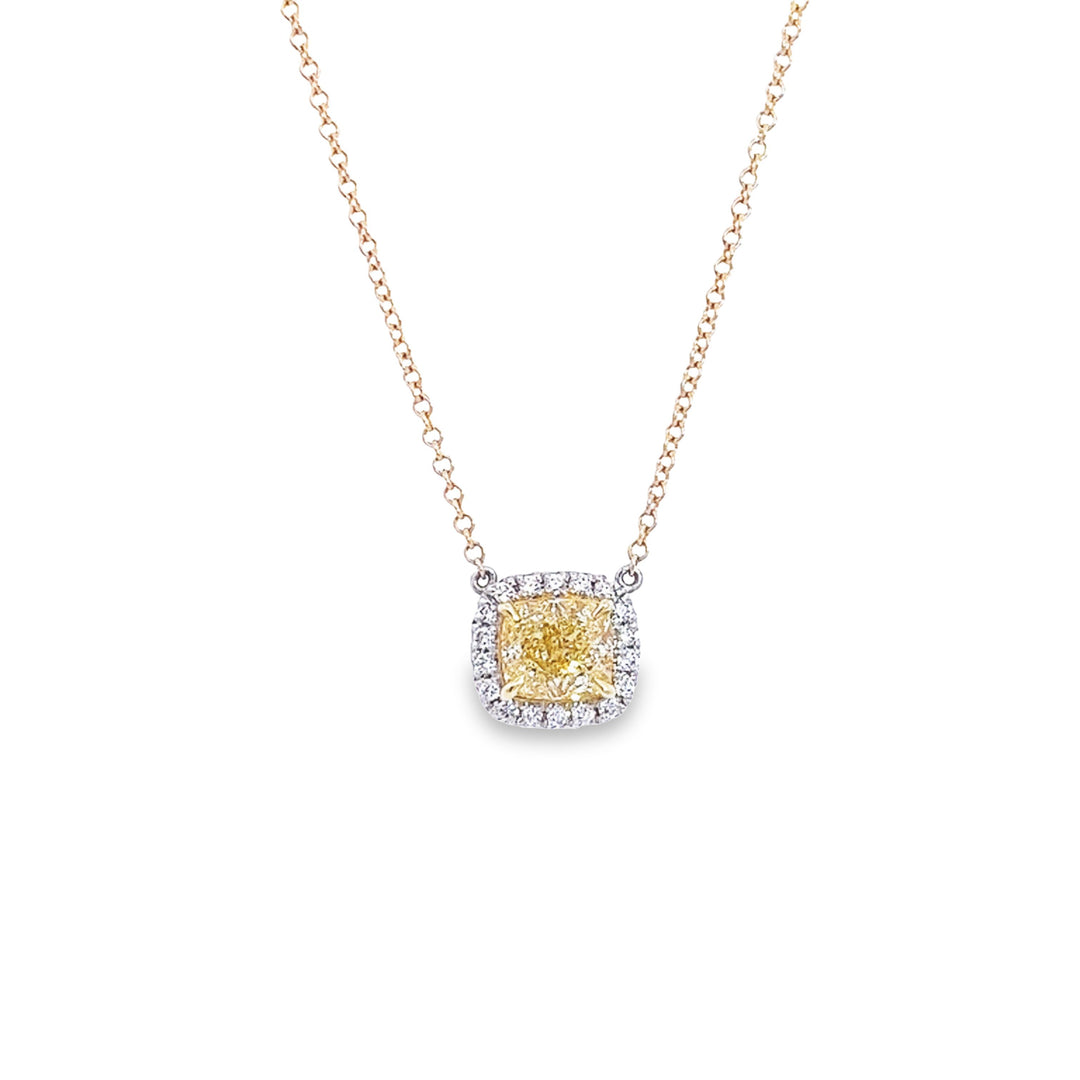 GIA Certified Yellow Cushion Cut Diamond Pendant With Diamond Halo