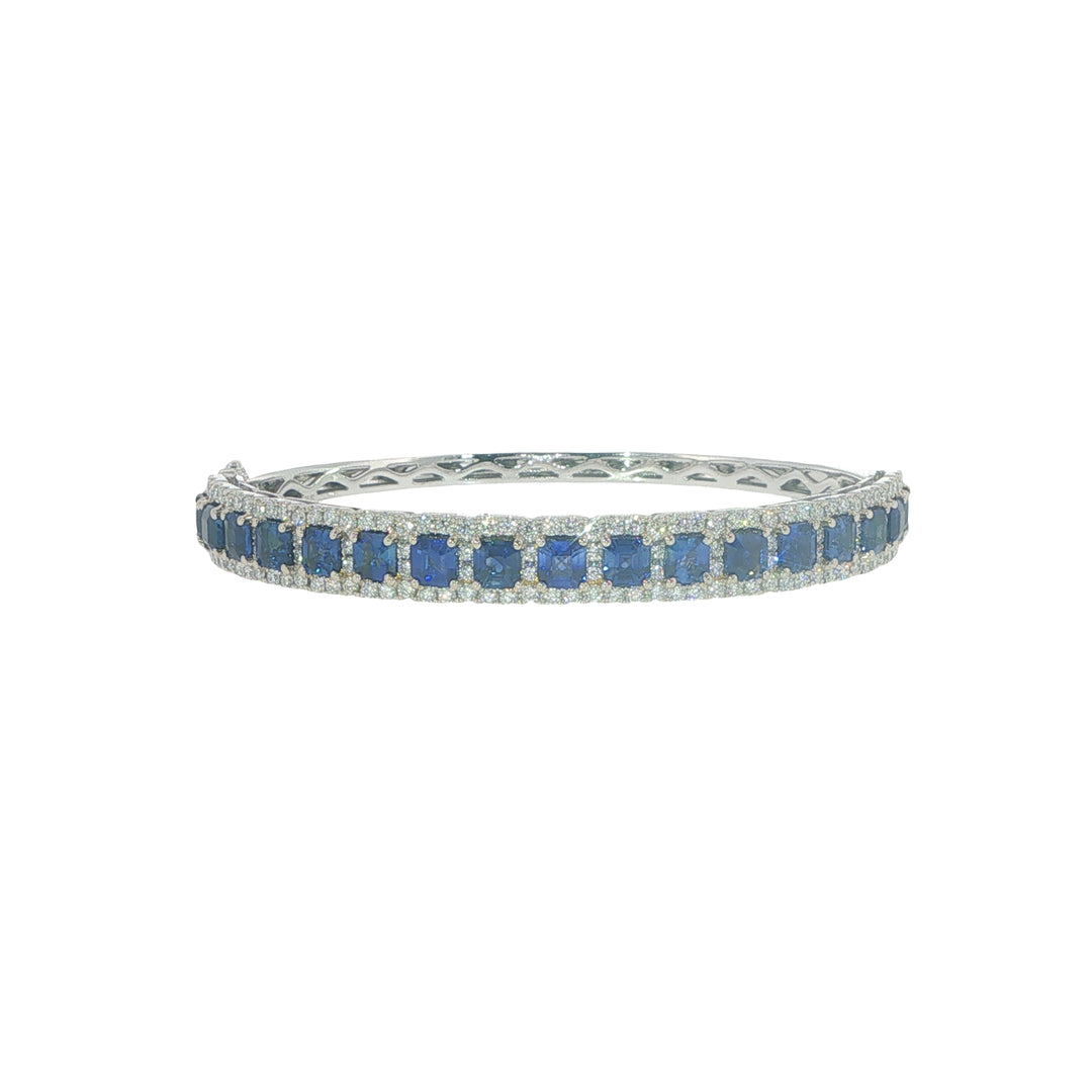 18K White Gold Hinged Bangle With Emerald Cut Blue Sapphires Surrounded By Round Diamonds