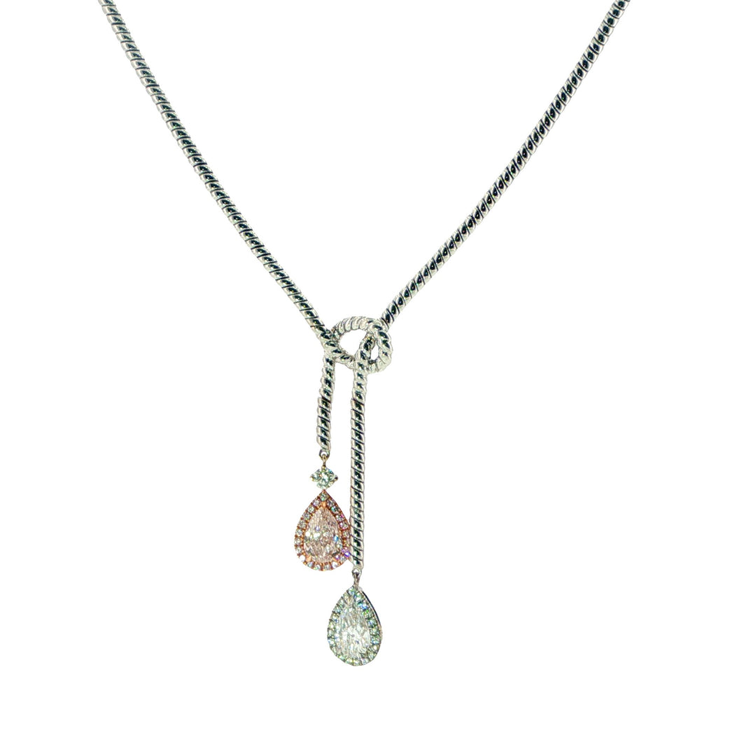 18K White Gold Lariat Necklace With A Pink Pear Cut Diamond And A White Pear Diamond - 20"