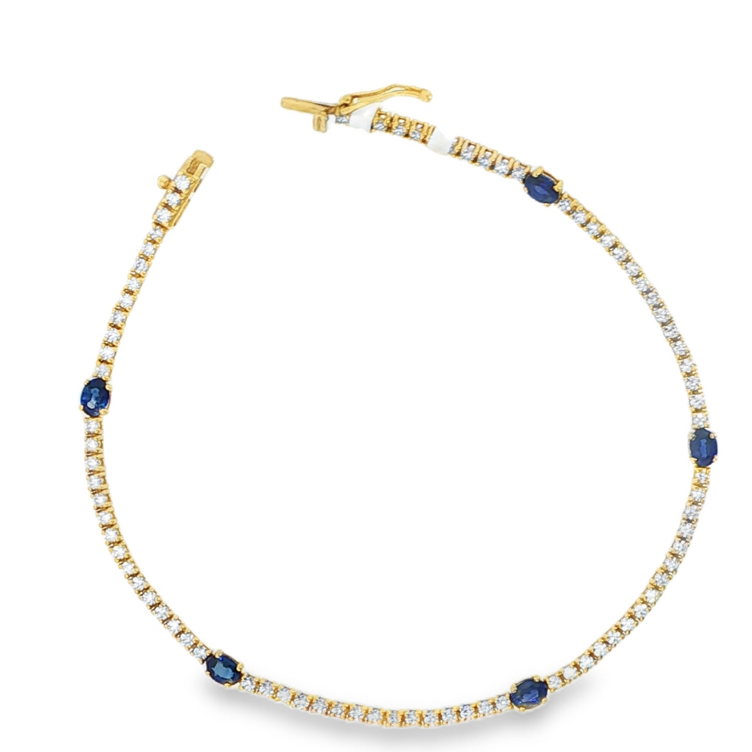 18K Yellow Gold Diamond Bracelet With Oval Blue Sapphire Stations - 7"