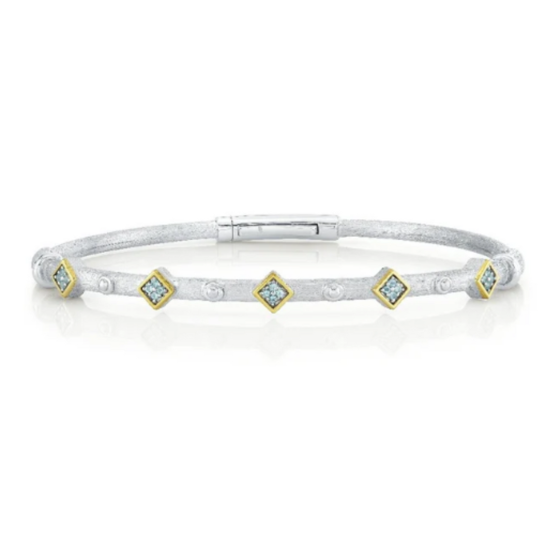 Sterling Silver Bolt Bracelet With Gold Bezel Set Pave Swiss Blue Topaz - 6.5"