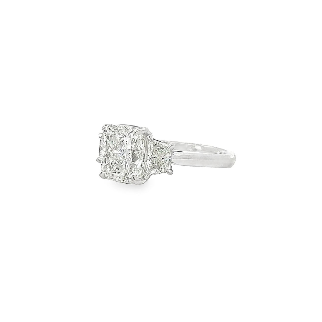 Platinum 3 Stone Diamond Ring With A Cushion Cut Center Stone and Trapezoid Side Stones - Size 6.25