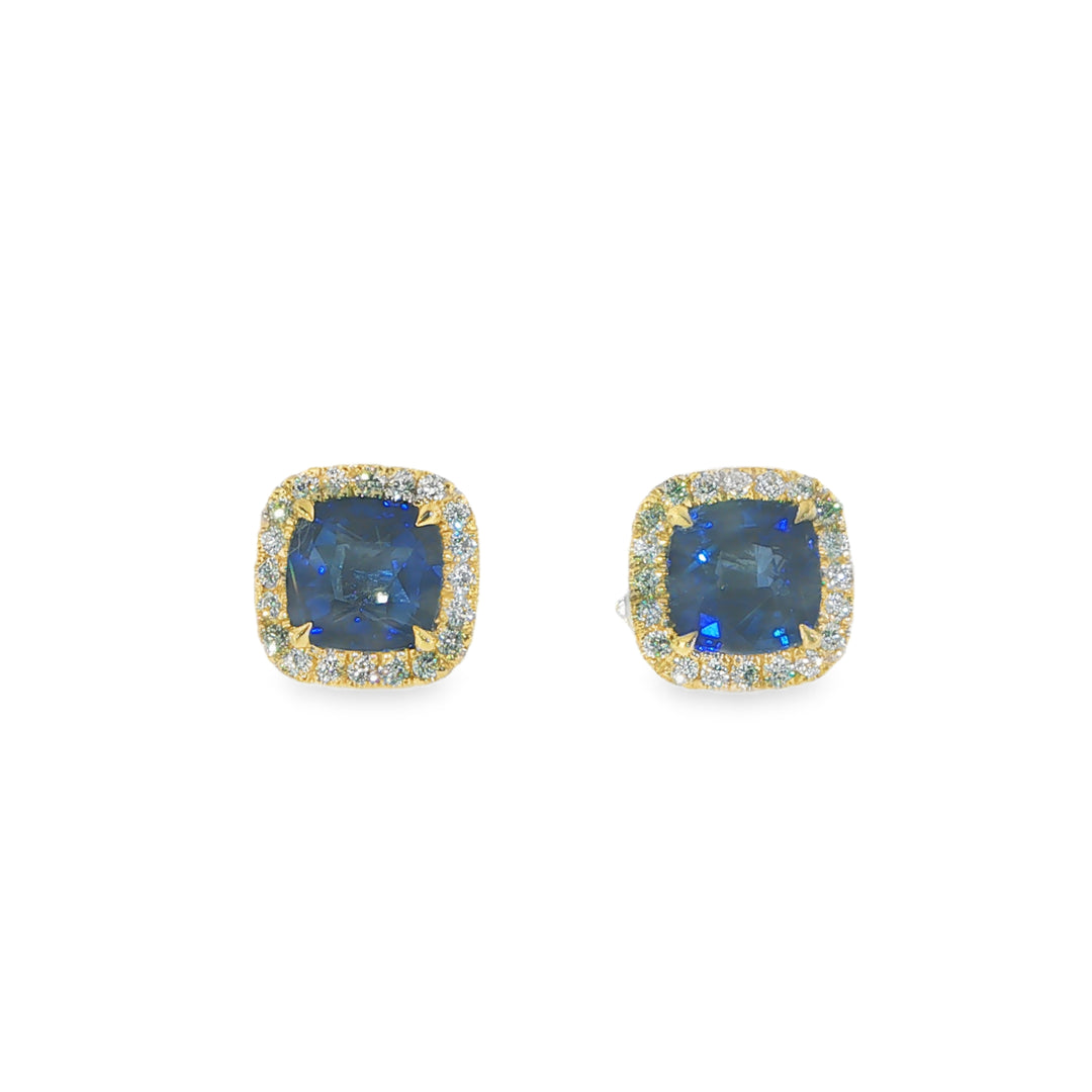 18K Yellow Gold Stud Earrings With Cushion Cut Blue Sapphires And Diamond Halos