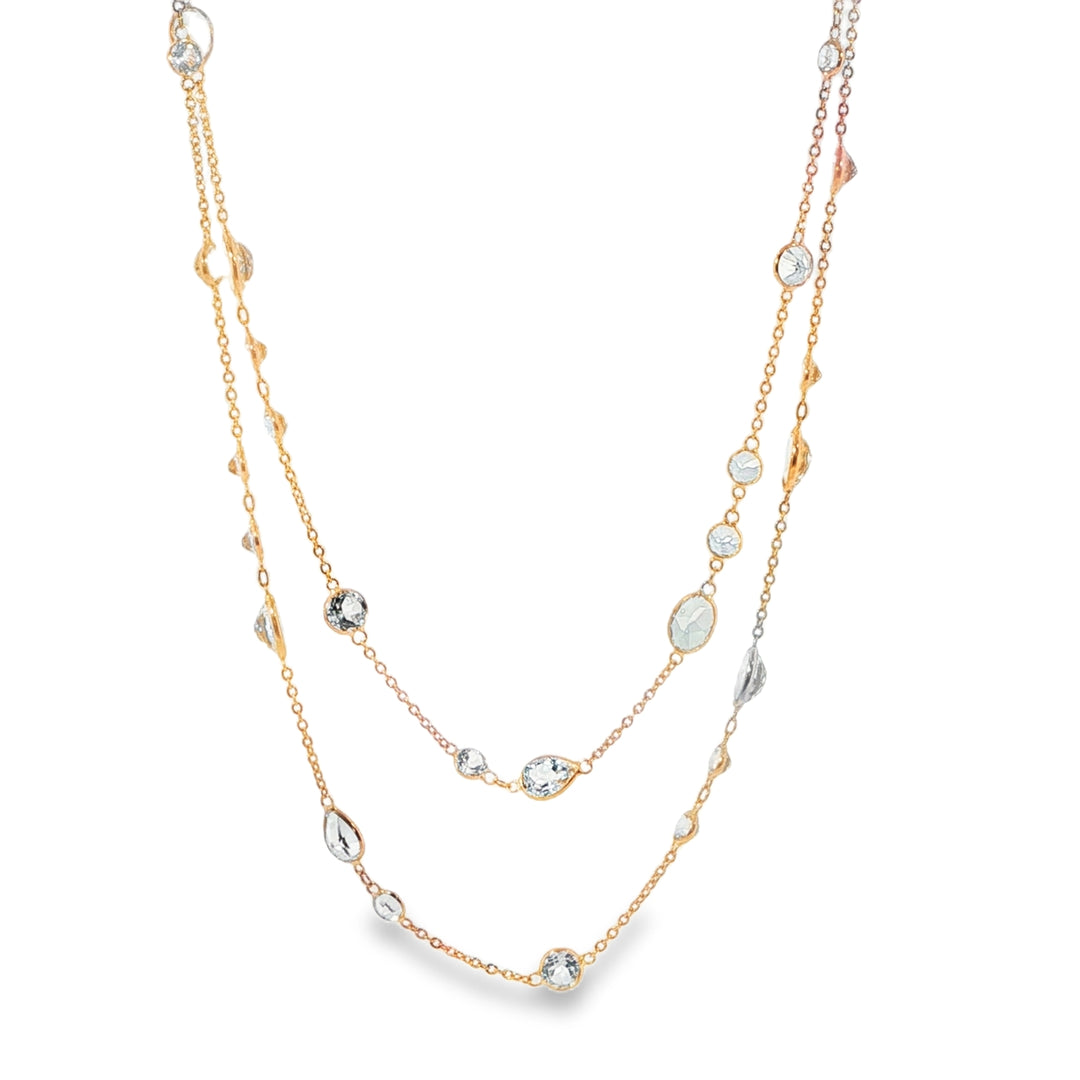 18K Rose Gold Station Necklace With White Topaz Stones - 34"