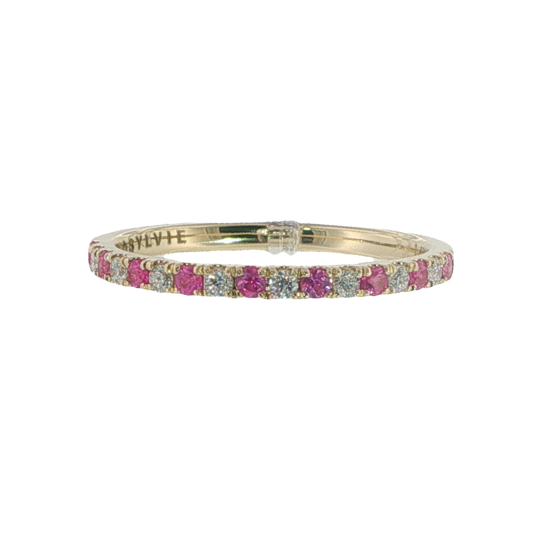14K Yellow Gold Ring With Pink Sapphires And Diamonds Halfway Around - Size 6.5