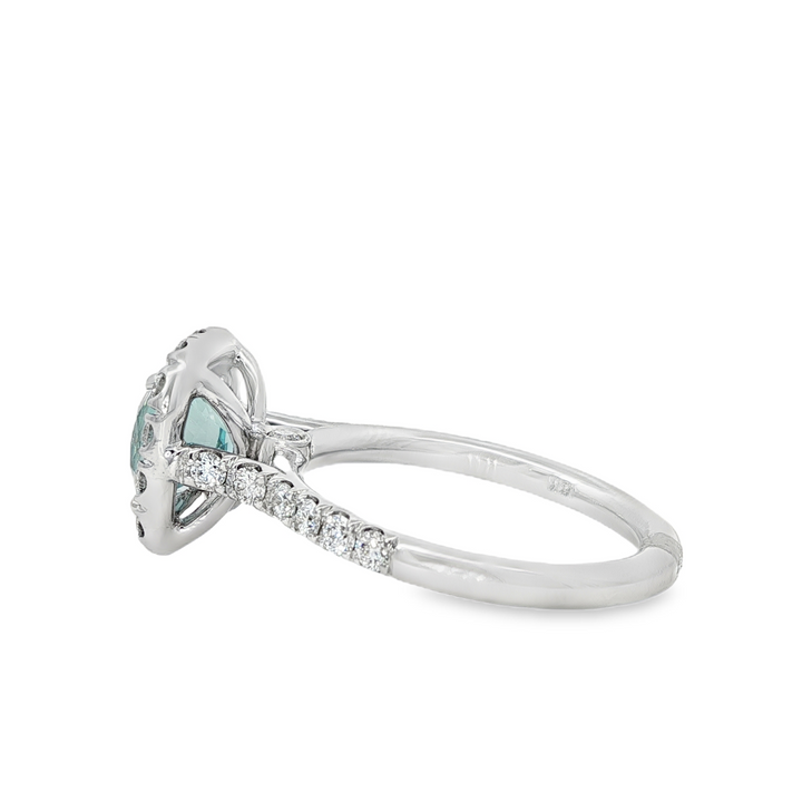 18K White Gold Ring With A Cushion Cut Aquamarine Center Stone And Diamond Halo