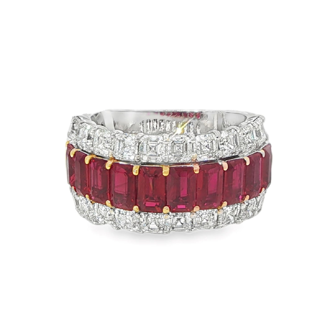 White Gold Ring With 10 Emerald Cut Rubies Surrounded By 10 Asscher Cut Diamonds - Size 6.5