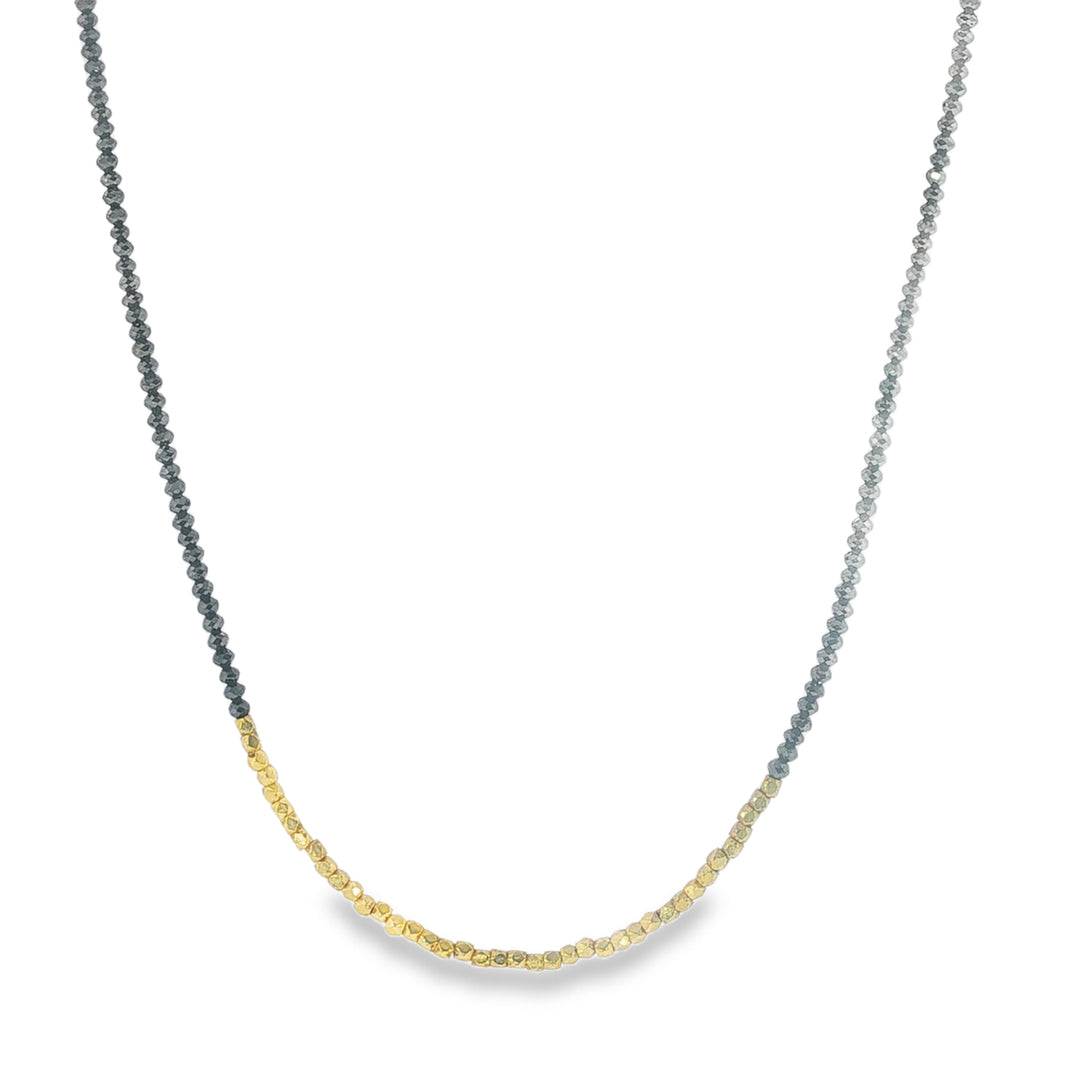 "YinYang" Necklace With Black Diamonds And Gold Beads - 16"
