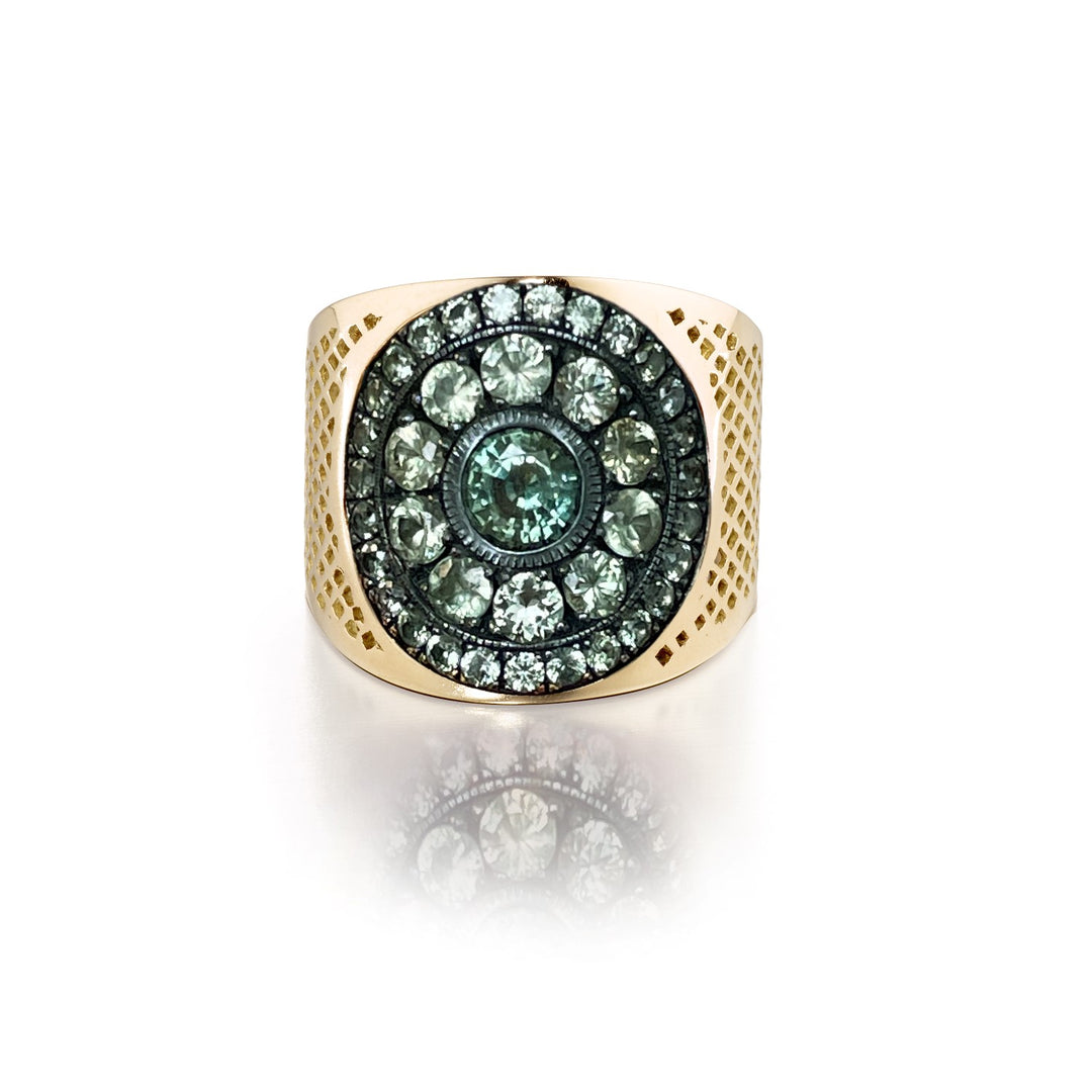 Crownwork Ring With Green Sapphires - Size 6