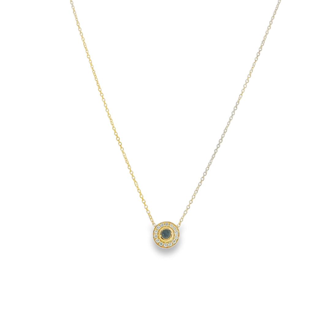 14K Yellow Gold Round Necklace With Center Blue Sapphire
