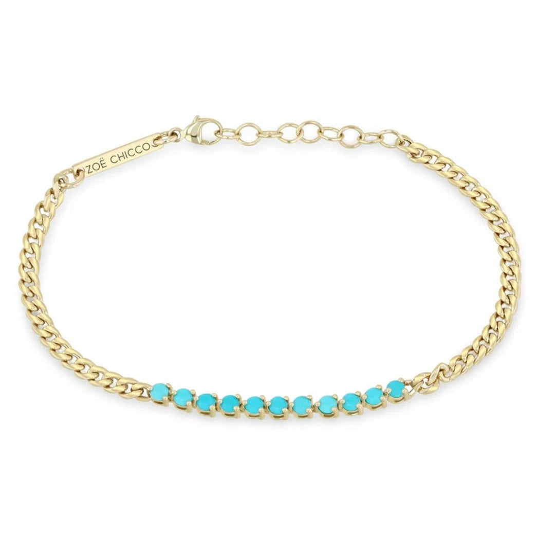 14K Yellow Gold Turquoise Tennis Segment Small Curb Chain Bracelet