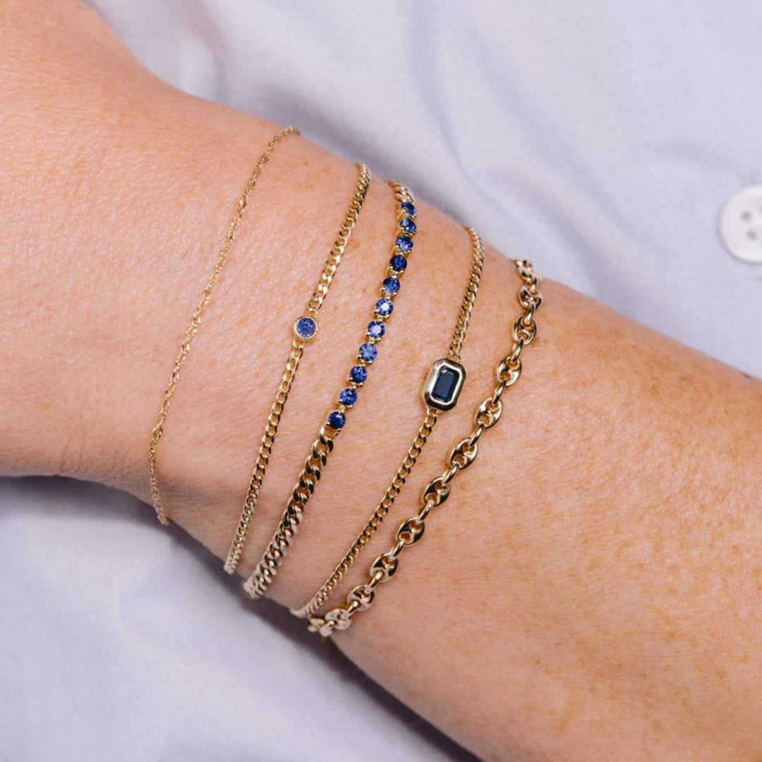 Blue Sapphire Tennis Segment Small Curb Chain Bracelet