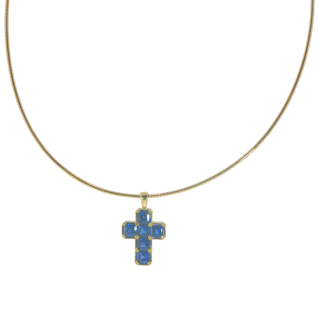 14K Yellow Gold Omega Chain With An Asscher Cut Blue Sapphire Cross Pendant - 16"
