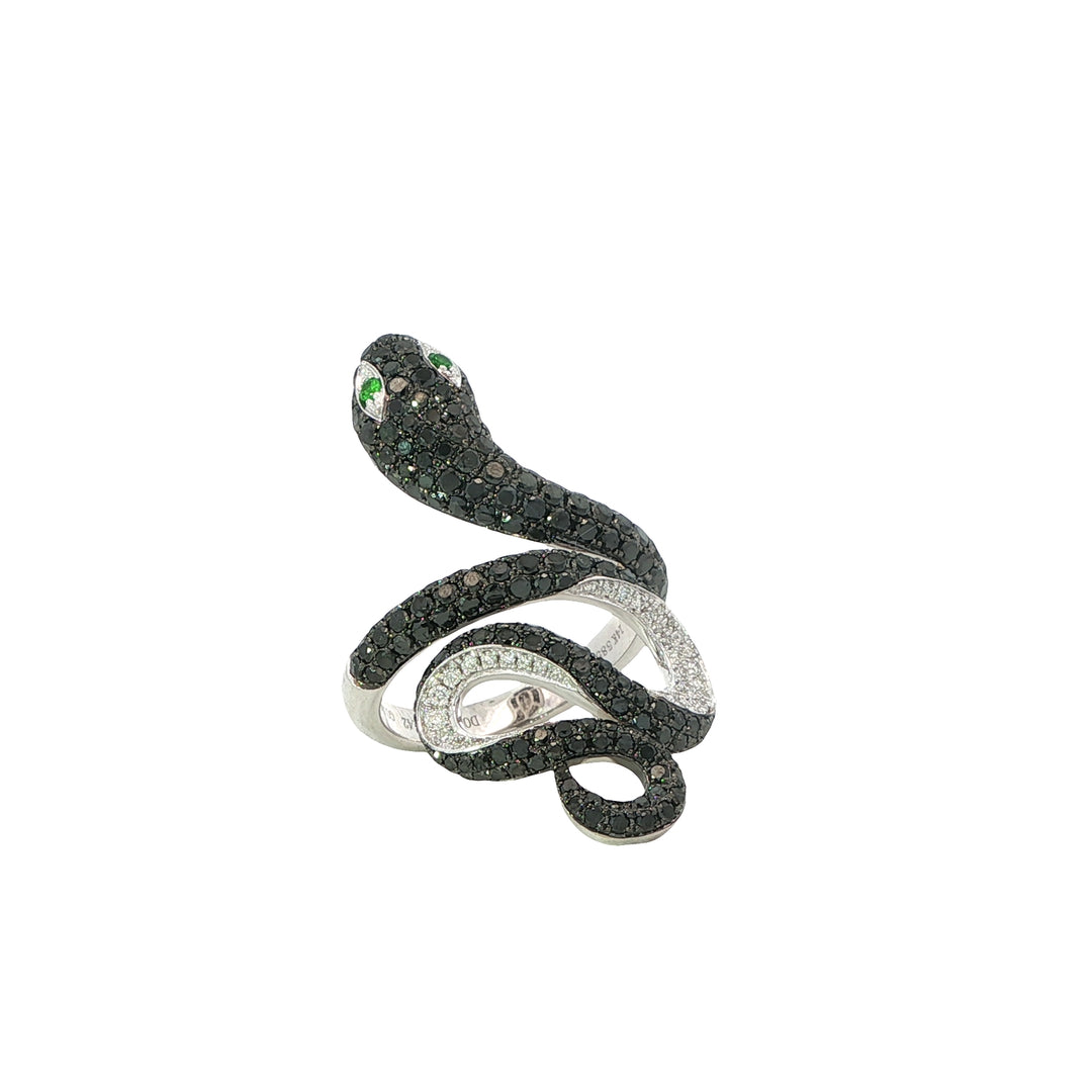 White Gold Snake Ring Featuring Black Diamonds, White Diamonds, and Emerald Eyes