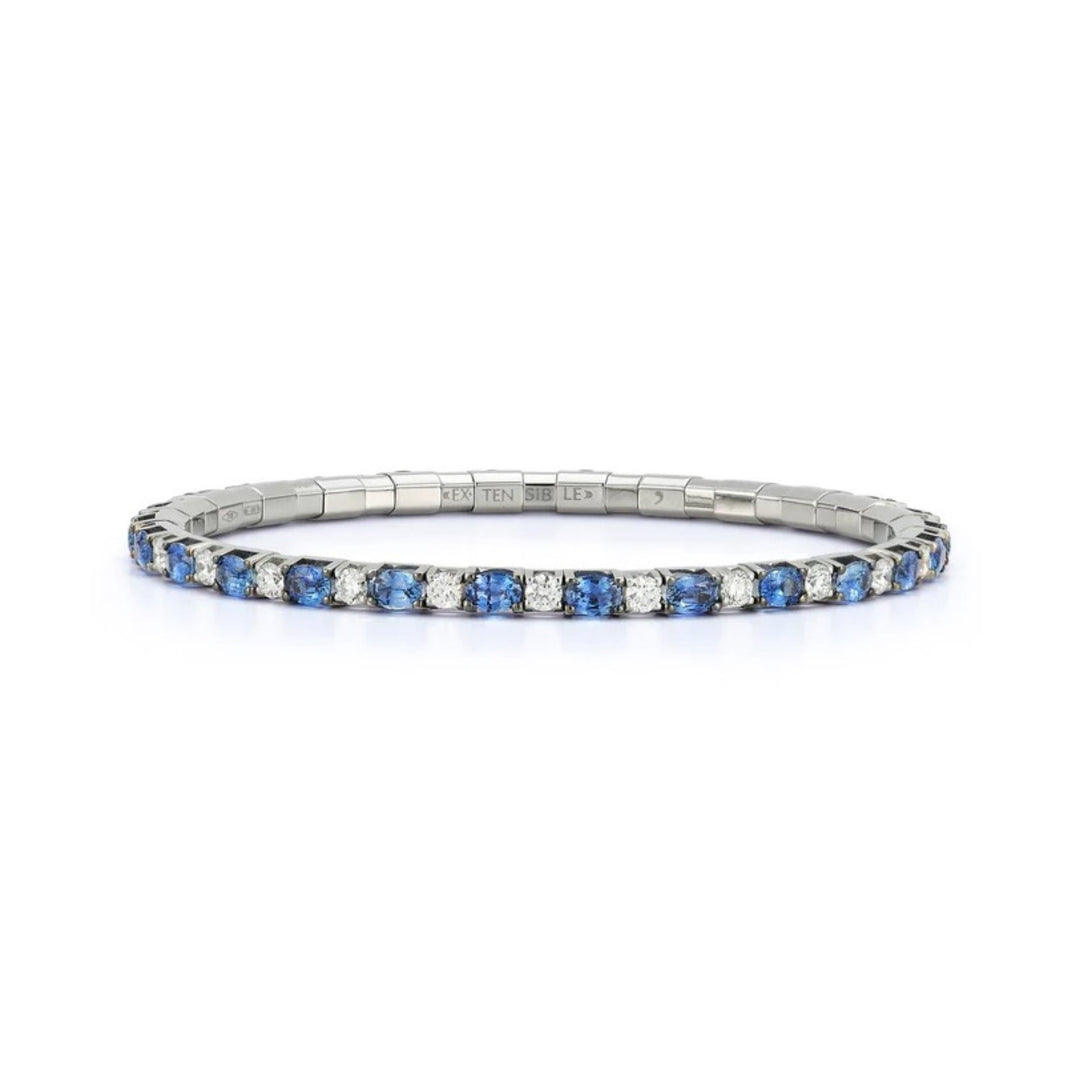 18K White Gold Oval Blue Sapphire And Round Diamond Stretch Tennis Bracelet