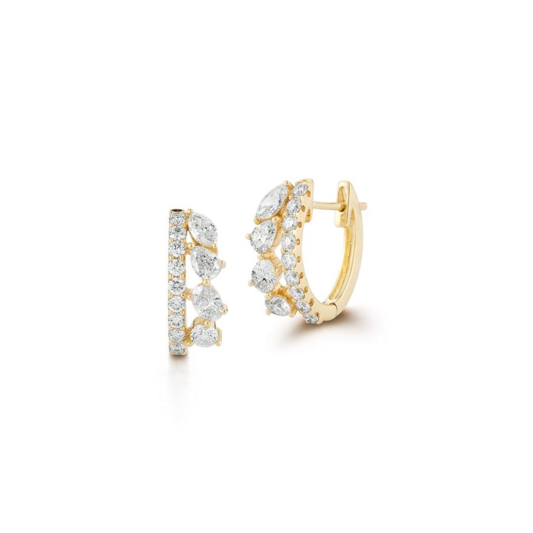 14K Yellow Gold Two Row Huggies With Marquise, Pear, Oval And Round Diamonds