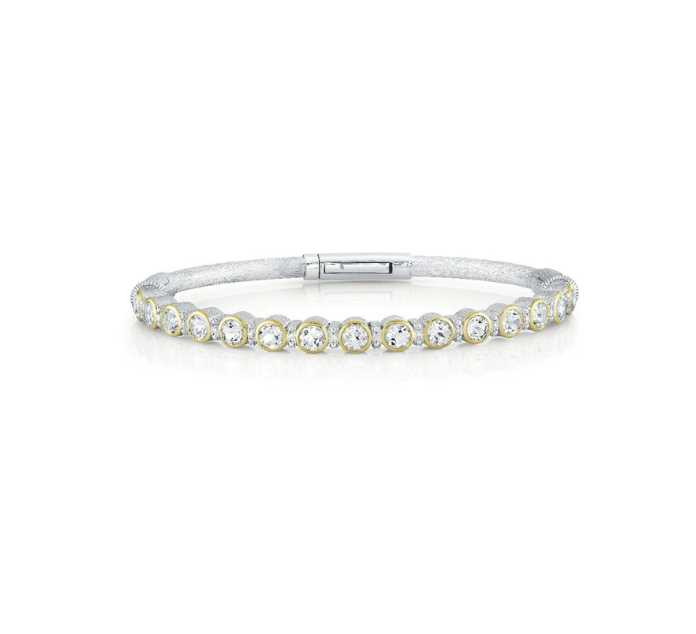 Sterling Silver Bracelet With Gold Bezel Set White Topaz And Diamond Accents - 6.5"