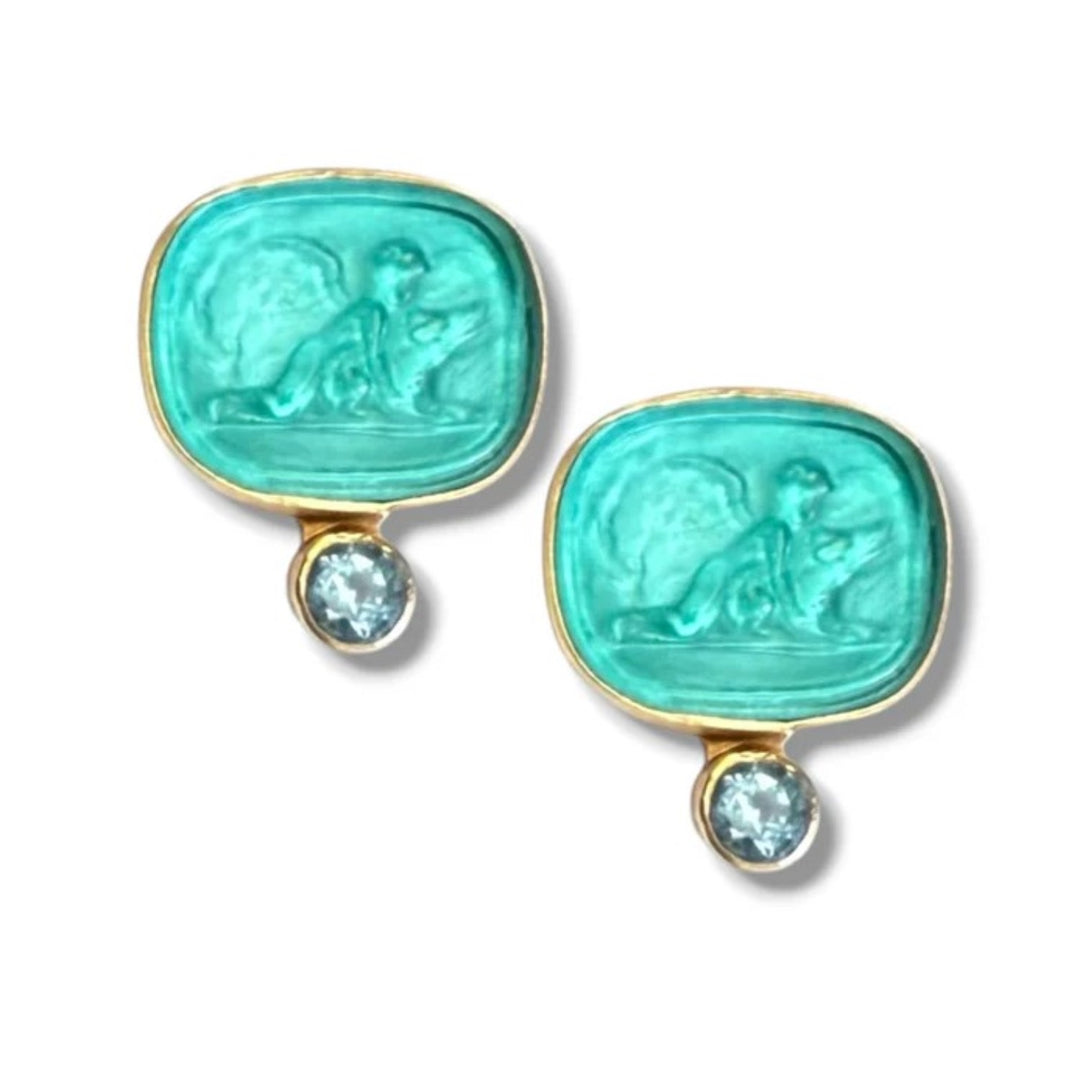 Guardian Angel Intaglio Earrings In Verde Marino And Blue Topaz