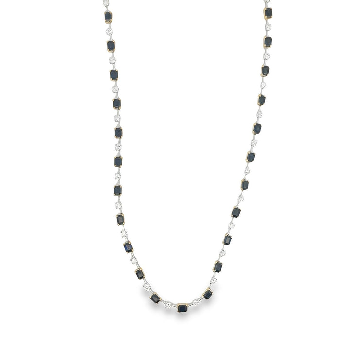 Two Tone Gold Tennis Necklace With Alternating Round Diamonds and Emerald Cut Sapphires