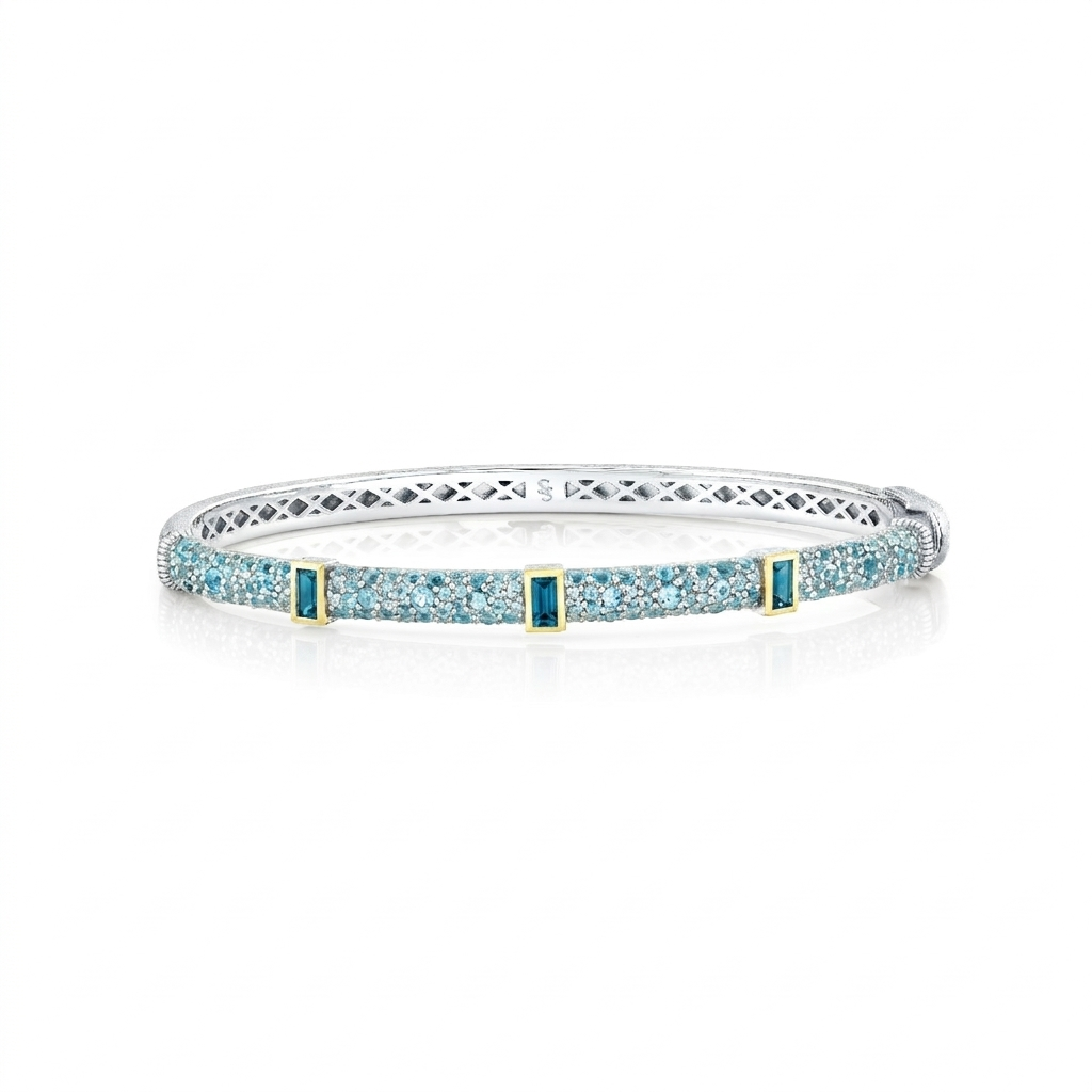 Sterling Silver Bracelet With Pave Swiss Blue Topaz And London Blue Topaz Baguettes - 6.5"