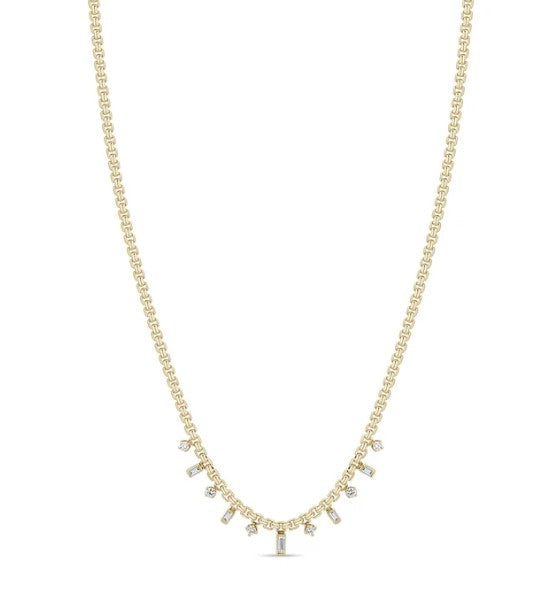 Small Box Chain Necklace With Baguette And Round Diamonds - 18"