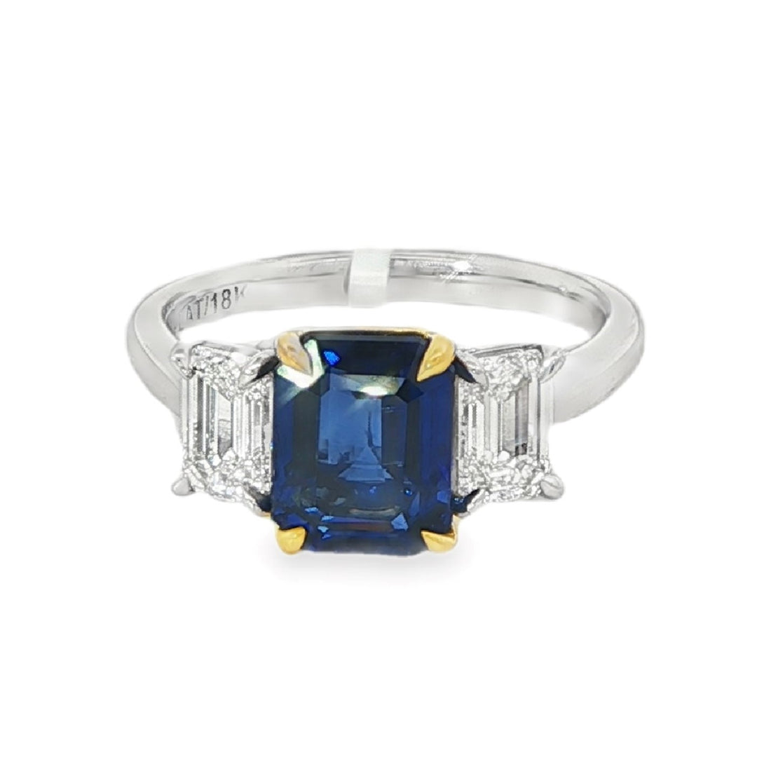 Platinum Blue Sapphire and Diamond 3 Stone Ring - Size 6