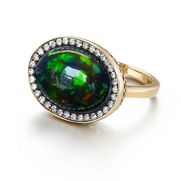 Crownwork Ring With Bezel Set Black Opal Center Stone And A Pave Diamond Halo - Size 6.5