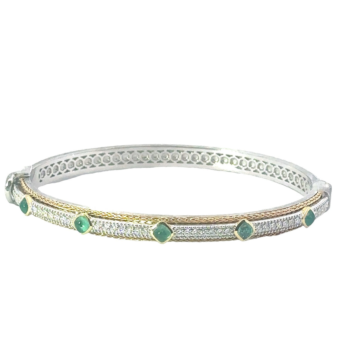 Mixed Metal Double Woven Rope Bangle with Five Emerald Gemstones and Pave White Diamonds