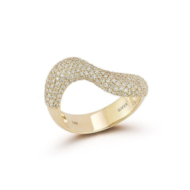 14K Yellow Gold Double Wave Ring Featuring Pave Set Diamonds