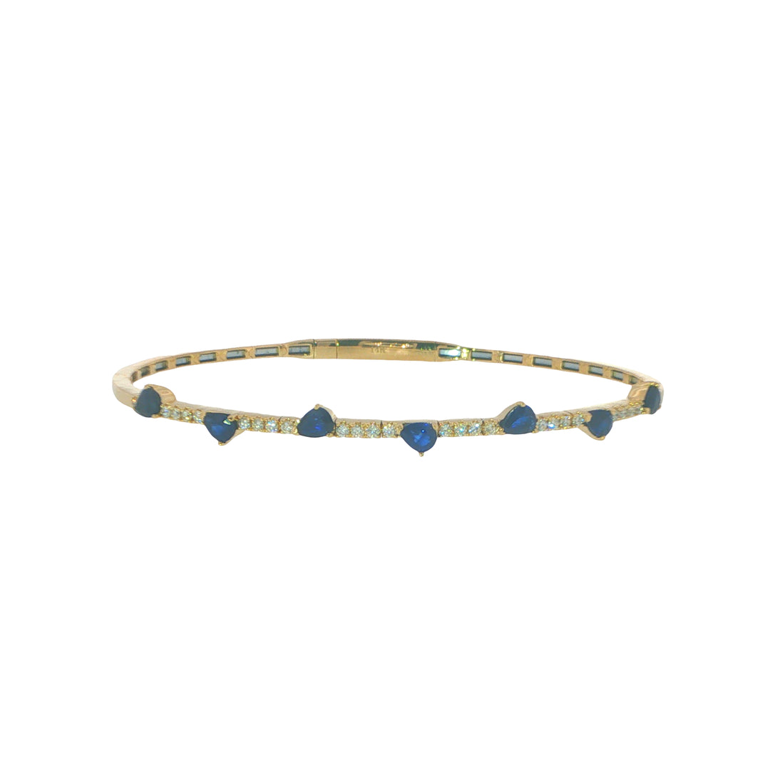 14K Yellow Gold Bangle With Diamonds And Pear Shaped Blue Sapphire Stations