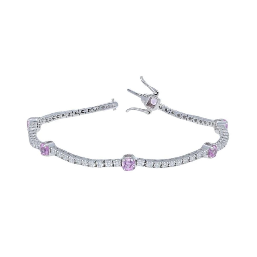 14K White Gold Diamond And Pink Sapphire Tennis Bracelet - 7"