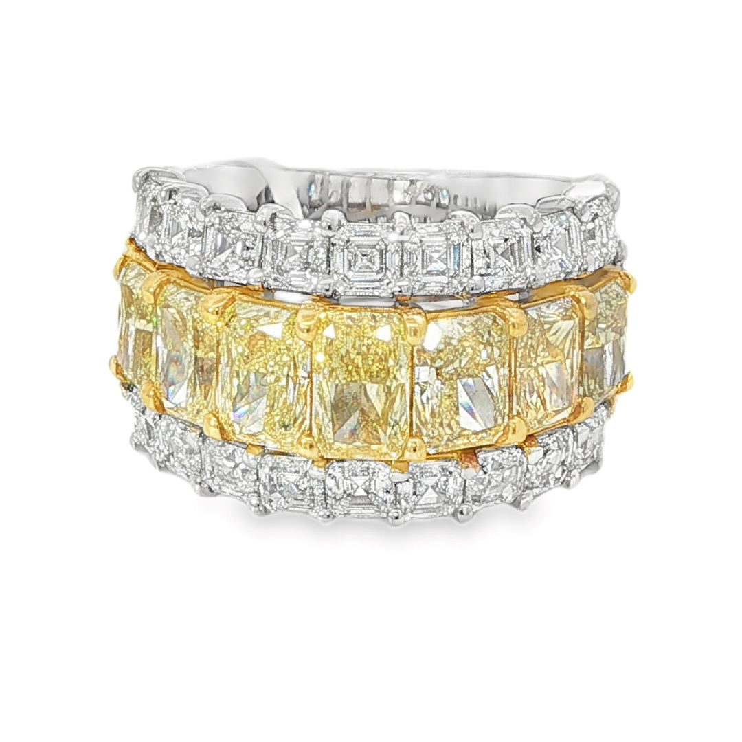 White Gold 3 Row Band With 7 Yellow Radiant Cut Diamonds And 18 Asscher Cut Diamonds - Size 7
