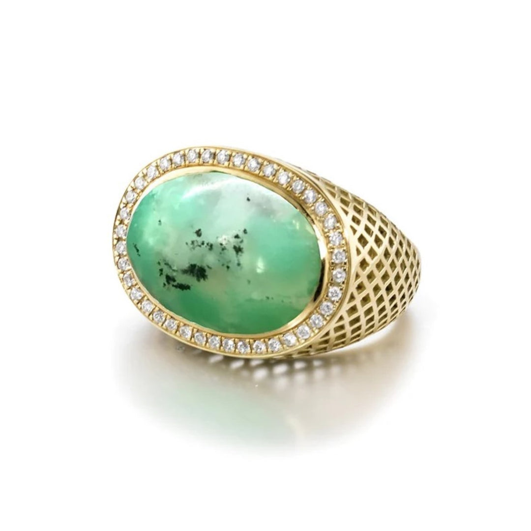 18K Yellow Gold Crownwork Dress Ring With An Oval Cabochon Speckled Chyrsoprase - Size 7