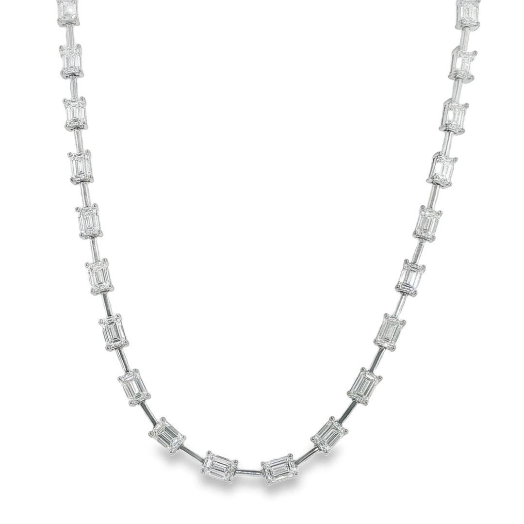 14K White Gold Emerald Cut Diamond Interval Tennis Necklace - 16"
