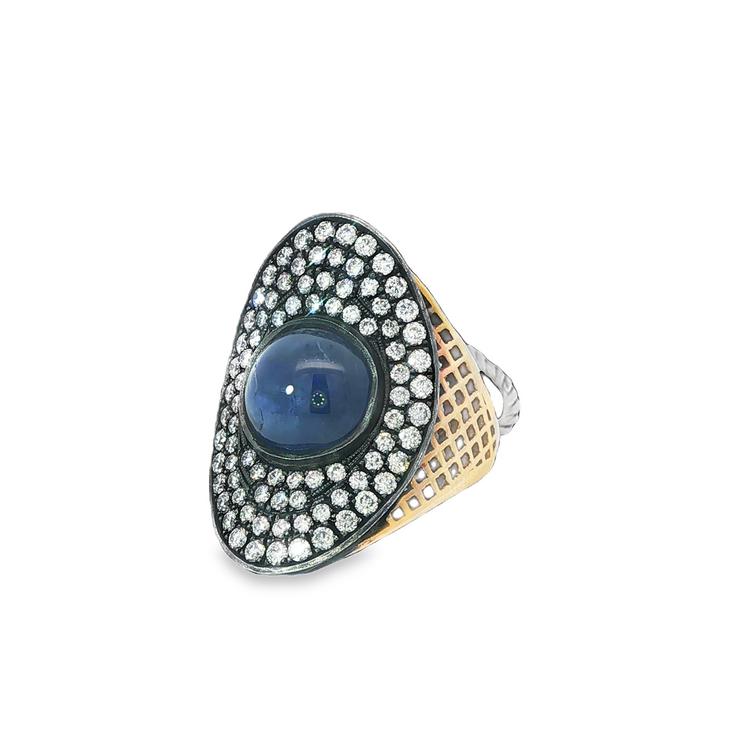 18K Yellow Gold Crownwork Regency Ring With A Cabochon Blue Sapphire And Diamonds - Size 6.25