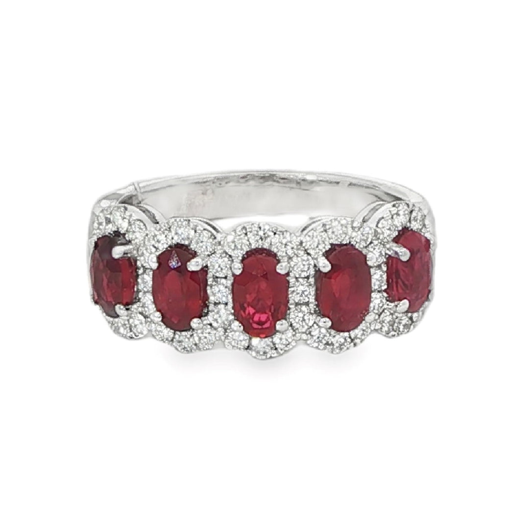 White Gold Band With 5 Oval Rubies Surrounded By Diamond Halos - Size 6.75