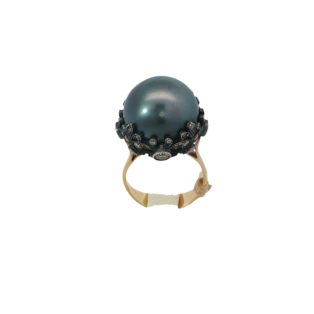 Yellow Gold And Silver Tahitian Pearl Ring Accented With Round Diamonds - Size 6.5