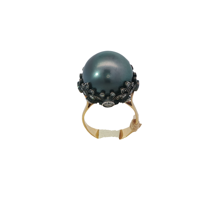 Yellow Gold And Silver Tahitian Pearl Ring Accented With Round Diamonds - Size 6.5