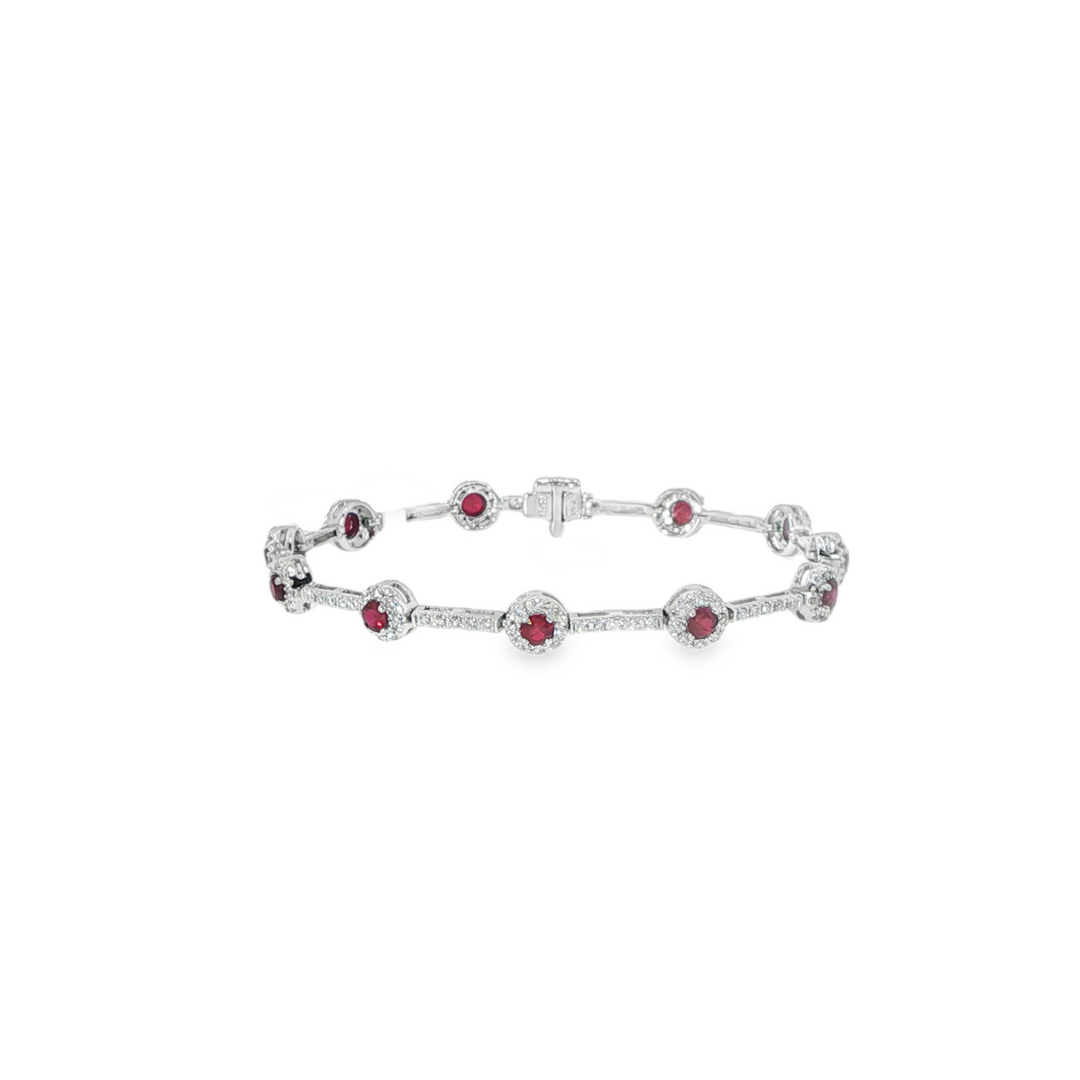 18K White Gold Bracelet With Round Rubies Surrounded By Diamond Halos - 6.5"