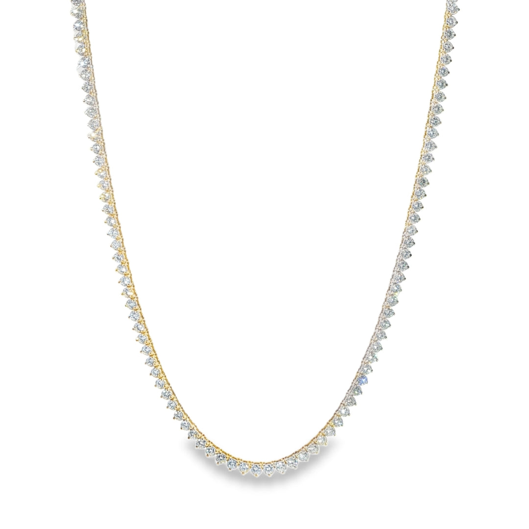 14K Yellow Gold 3-Prong Diamond Tennis Necklace Weighing 13.28cts - 17"