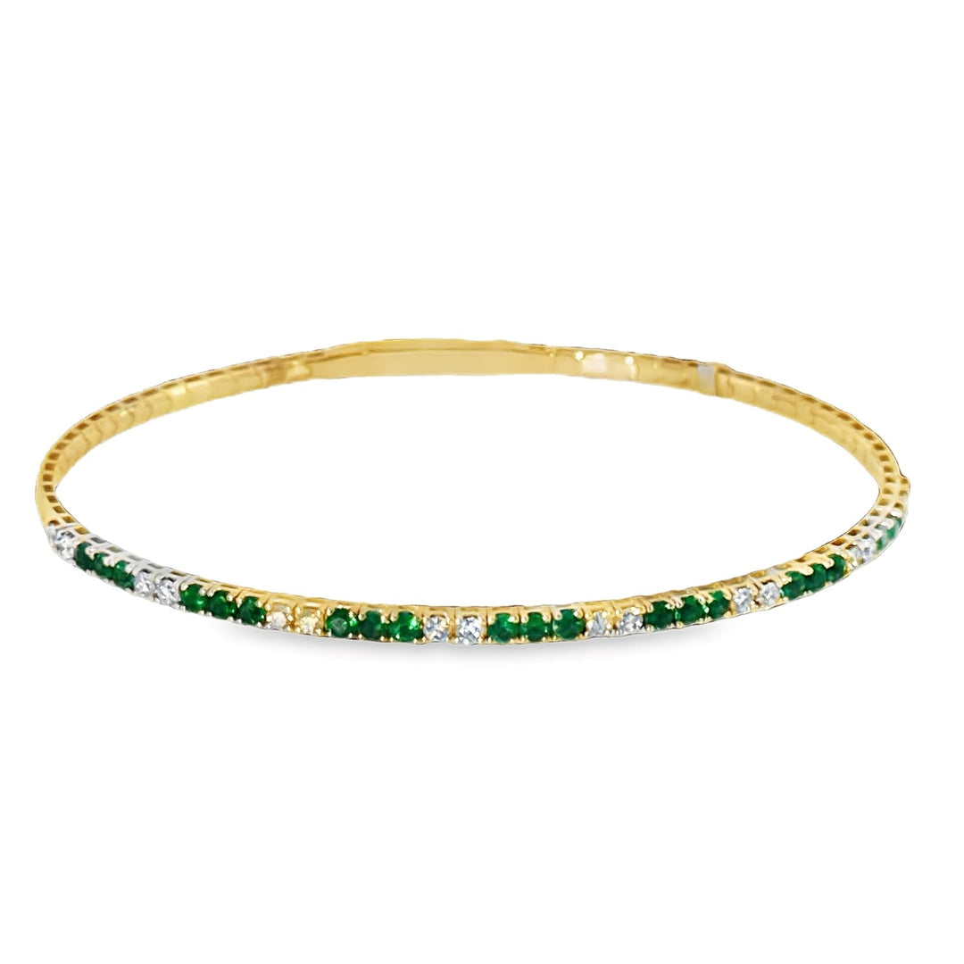 14K Yellow Gold Flexible Bangle With Alternating Emeralds And Diamonds