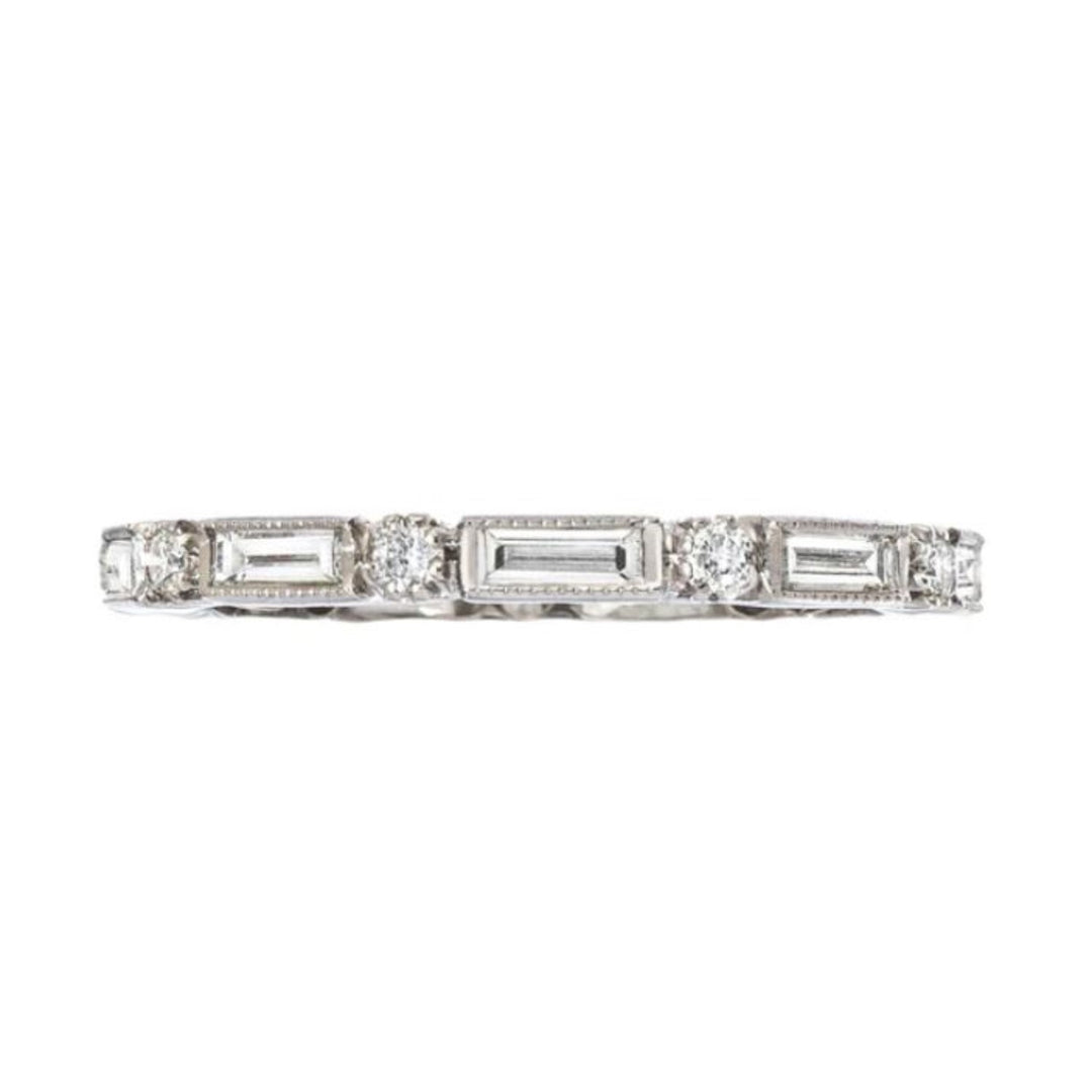 18K White Gold Band With Baguette And Round Diamonds - Size 7