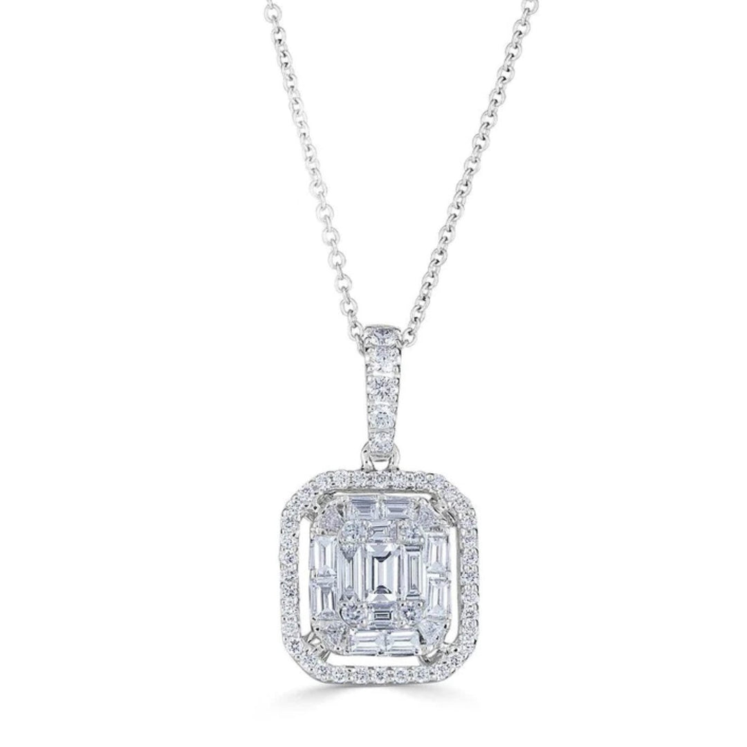 18K White Gold Illusion Set Diamond Pendant Necklace - 16"