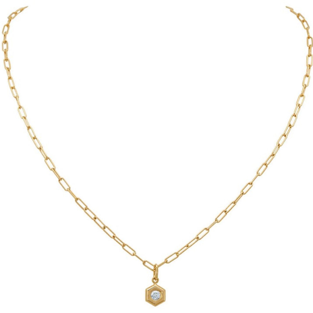 18K Yellow Gold And Bezel Set Diamond Hexagon Pendant On Paperclip Chain - 17"