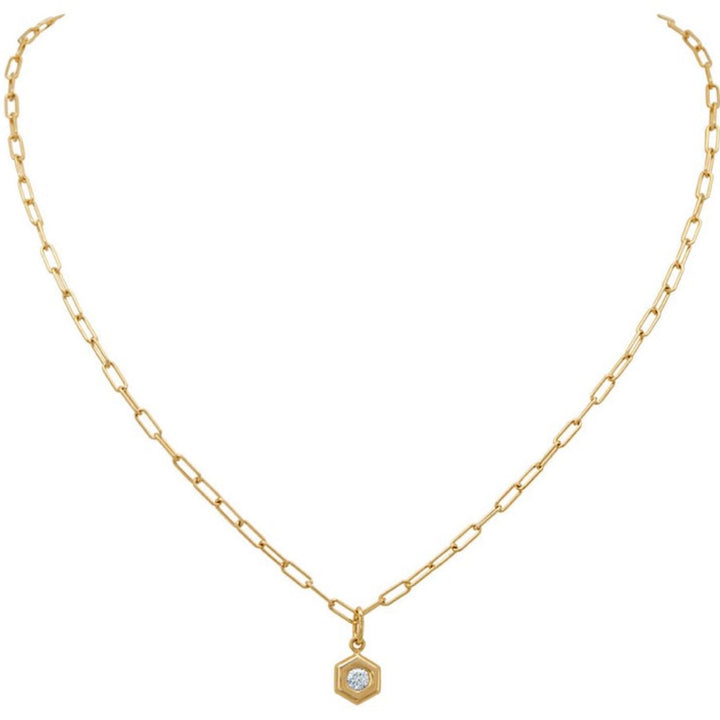 18K Yellow Gold And Bezel Set Diamond Hexagon Pendant On Paperclip Chain - 17"