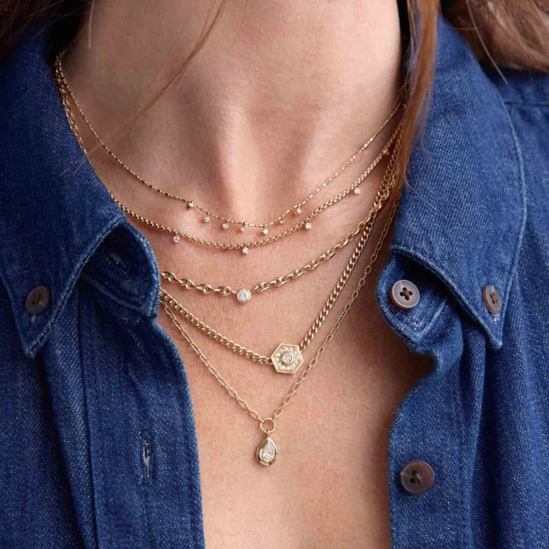 14K Hexagon Halo Necklace With Diamonds