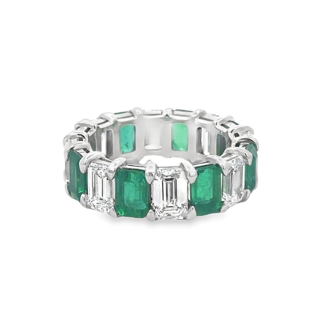 Platinum Emerald And Diamond Eternity Band - Size 6.5